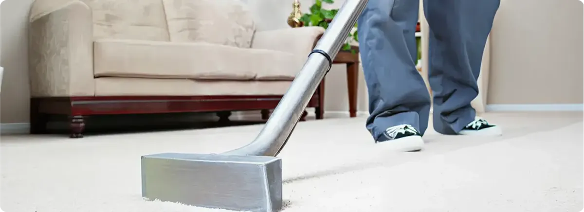 Carpet cleaning technician using a hot-water extraction wand on a light-colored carpet in a living room, Tulsa, OK.